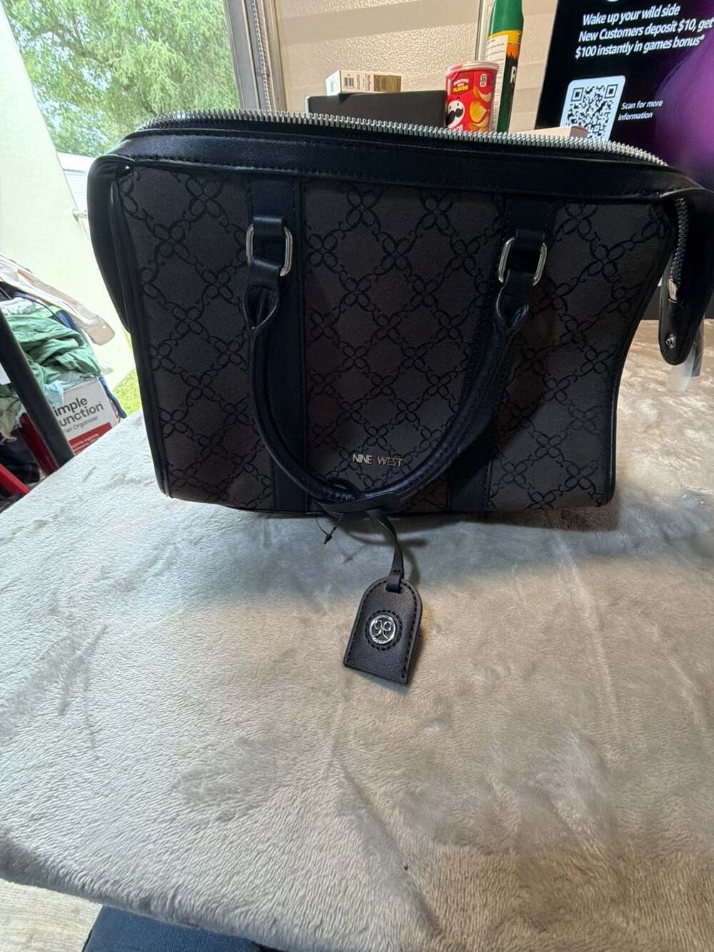 Nine West Jacquard Faux Leather Satchel Bag Black Monogram